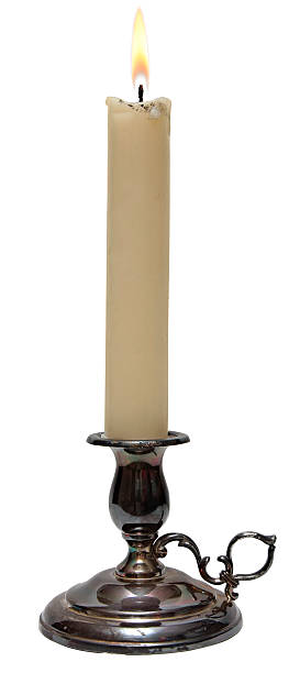istock Burning Candle In Old Silver Candlestick Isolated White Background. 483397427