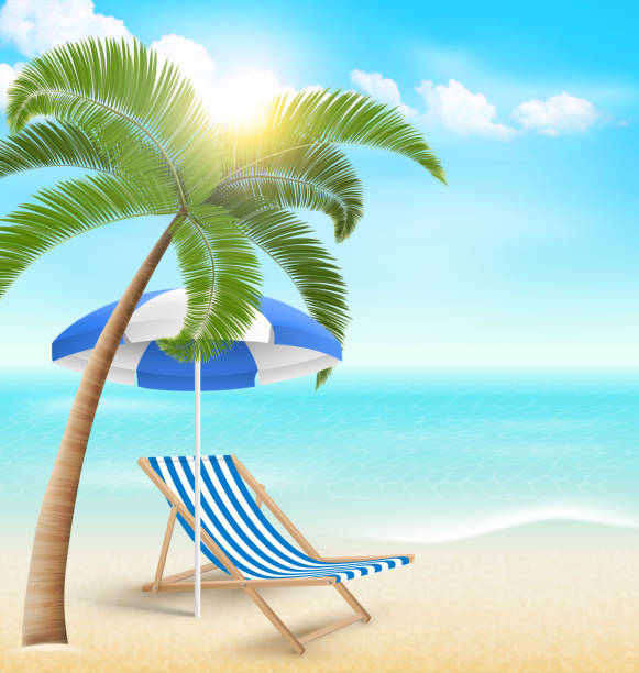 istock Beach with palm clouds sun umbrella and beach chair. Vacation 483402118