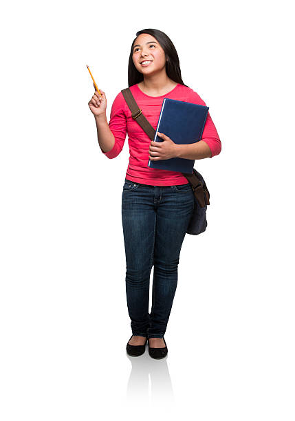 istock Happy schoolgirl looking up 483405004