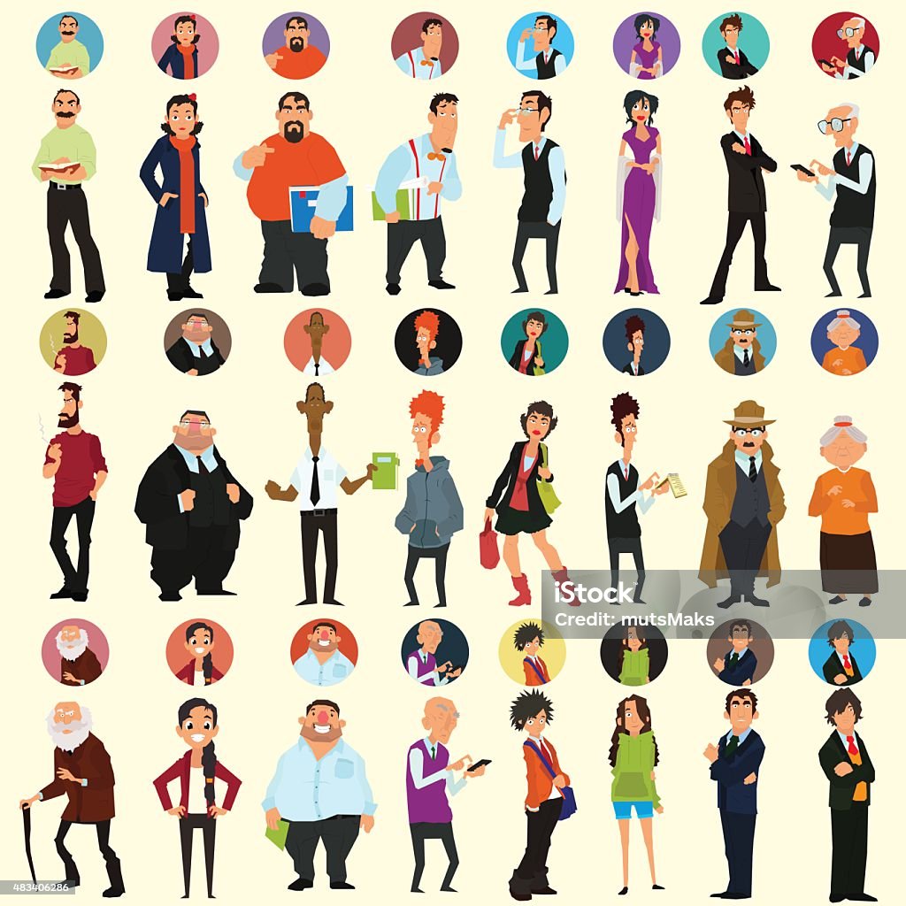 different people in full-length and different poses different people in full-length and different poses. avatars and icons. people's faces. vector illustration of a flat style for your design. Full Length stock vector