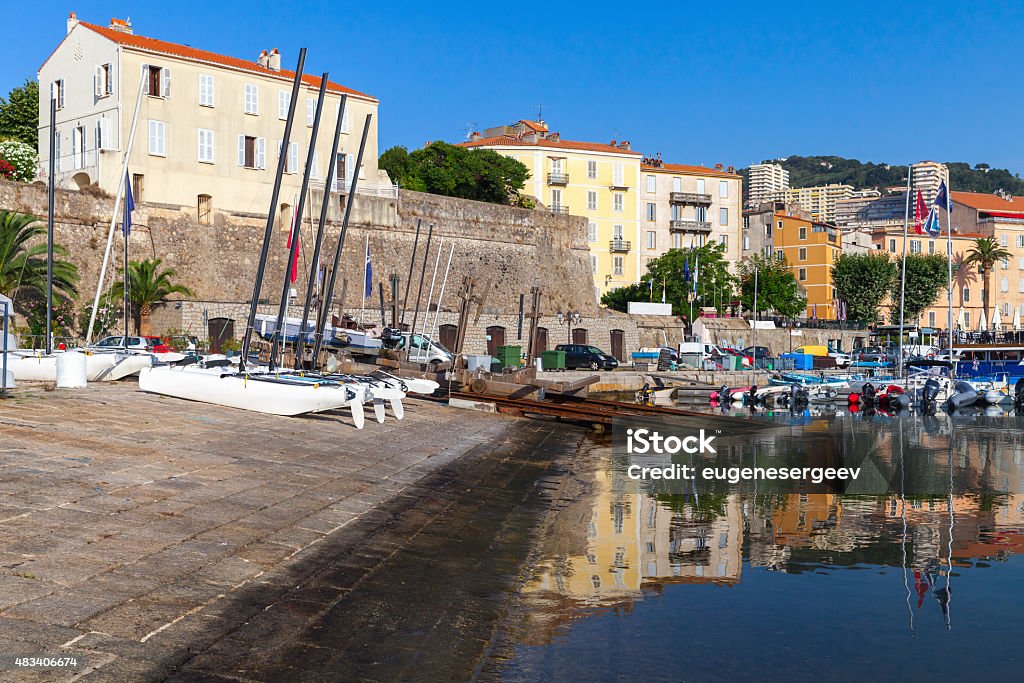 Port of Ajacciio, Corsica island, France Moored boats in old fishing port of Ajacciio, Corsica island, France 2015 Stock Photo