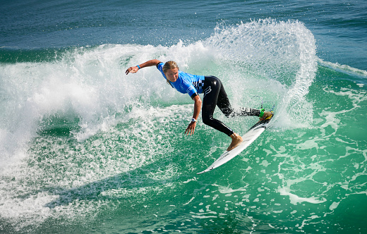 Huntington Beach, USA - July 29, 2015: Keely Andrew competes in the Vans US open of surfing in Huntington Beach CA.