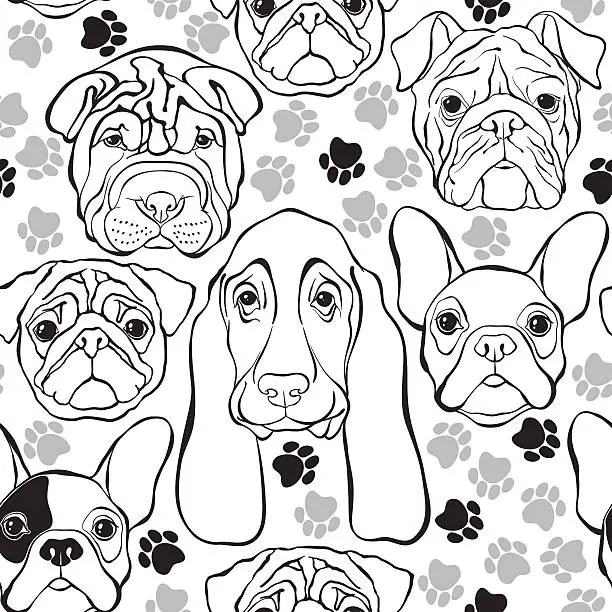 Vector illustration of Vector seamless pattern with faces dogs and traces. Monochrome background.