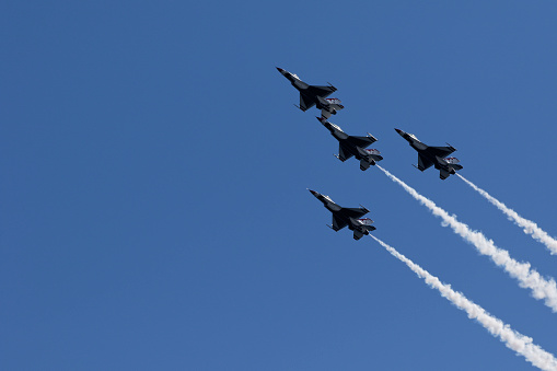 New York City, USA -May 23, 2015: U.S. Air Force Thunderbirds Team performing aerial stunts during New York Air Show on May 23,2015.