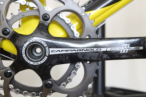 Bucharest, Romania - July 31, 2015: Campagnolo Chorus Carbon 11speeds Crankset 34-50. Studio shot with selective focus and close up bike components.