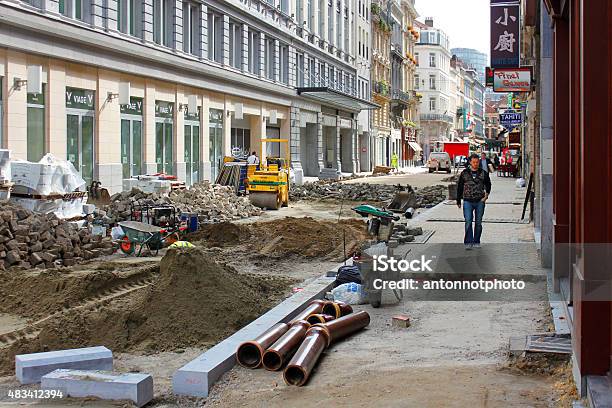 Street And Sidewalk Reconstruction Stock Photo - Download Image Now - Construction Worker, 2015, Activity