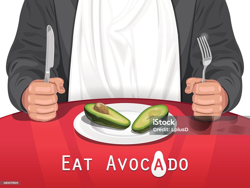 Man eating Avocado Cartoon gourmet man in suit with a white bib sits at a table, holding a fork and a knife with an avocado on a plate in front of him. Baby Bib stock vector