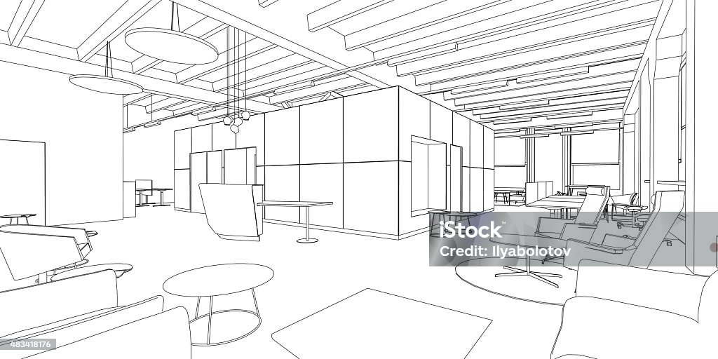 Interior drawing Outline sketch of a interior office space. Office stock vector