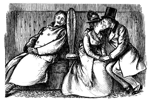 ilustraciones, imágenes clip art, dibujos animados e iconos de stock de jóvenes amantes del estilo victoriano con eavesdropper - confidential palabra en inglés ilustraciones