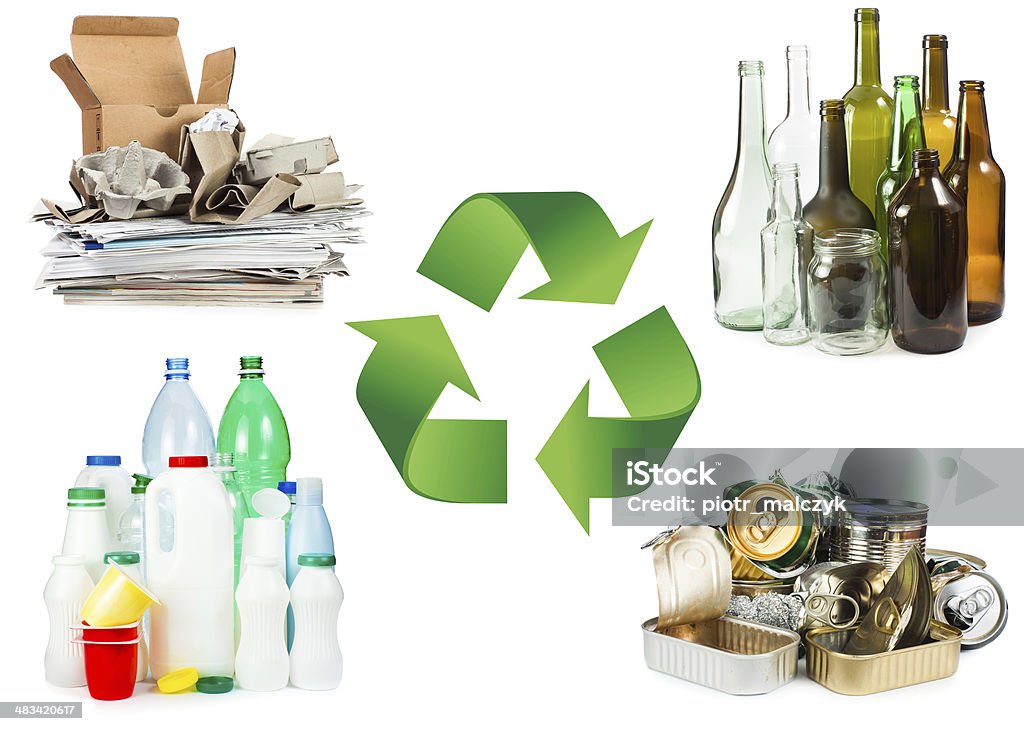 Recycle concept Recycle concept. A selection of garbage for recycling. Segregated metal, plastic, paper and glass on white background Recycling Stock Photo