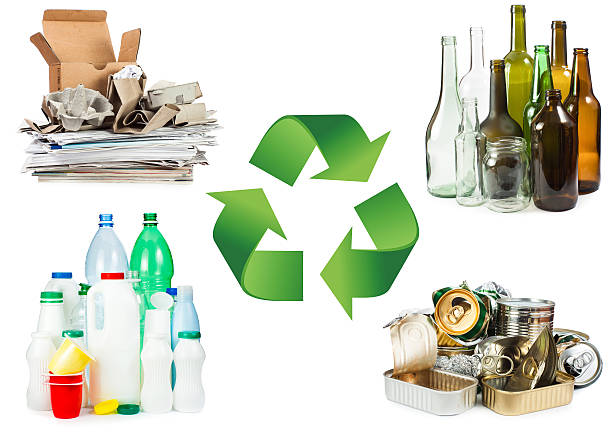 Recycle concept Recycle concept. A selection of garbage for recycling. Segregated metal, plastic, paper and glass on white background polyethylene terephthalate stock pictures, royalty-free photos & images