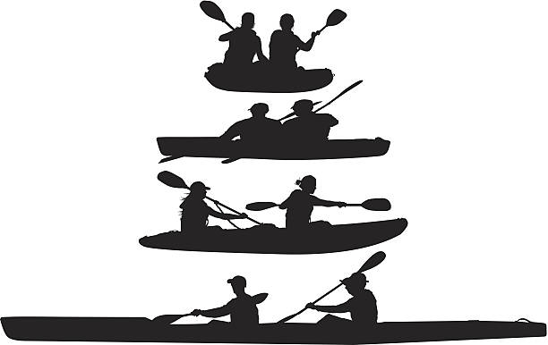 illustrazioni stock, clip art, cartoni animati e icone di tendenza di persone kayak - silhouette kayaking kayak action