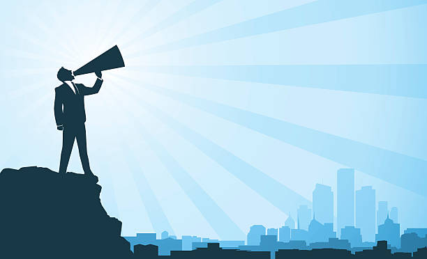 Megaphone Business person shouting through a megaphone at a city below. Files included – jpg, ai (version 8 and CS3), svg, and eps (version 8) megaphone silhouettes stock illustrations