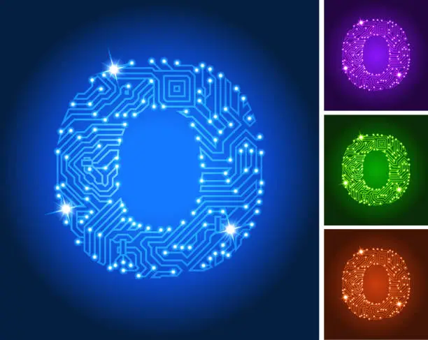 Vector illustration of Letter O on Blue Circuit Color Set