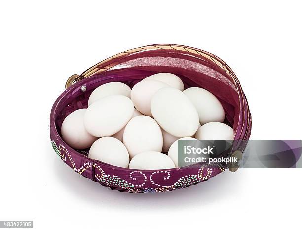 Eggs In Violet Basket On White Background Stock Photo - Download Image Now - Animal Shell, Basket, Breakfast