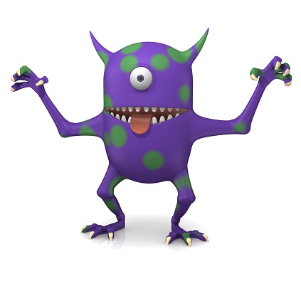 Large purple cartoon style monster with one eye and many teeth on a white background.