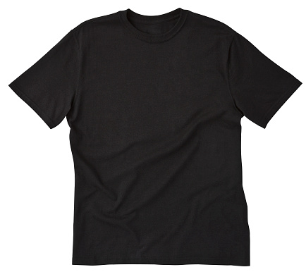 Camiseta negra frontal en blanco con trazado de recorte. photo
