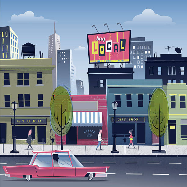 City life Urban scene. Commercial district on a beautiful day. Buildings and billboards with easy to replace custom signs. File with transparencies and global colors used. downtown district illustrations stock illustrations