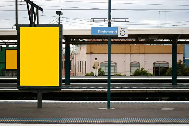 Advertising at train station, useful for mocking up ads.  Clipping paths in largest file size.