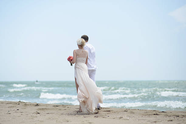istock Walking wedding couple on beach 483425798