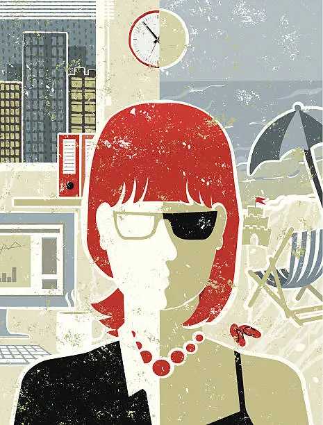 Vector illustration of Businesswoman in the Office and on Beach