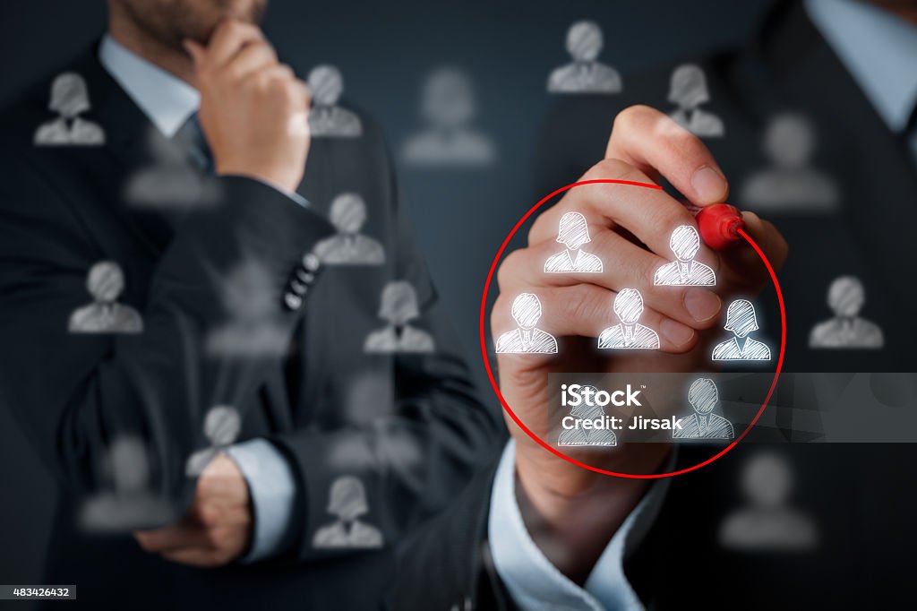 Marketing segmentation Marketing segmentation, target audience, customers care, customer relationship management (CRM) and team building concepts. Target Market Stock Photo