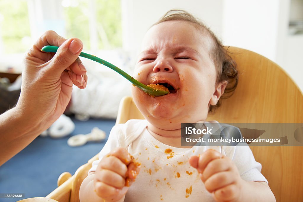 Unhappy Baby Being Fed In High Chair At Meal Time Baby - Human Age Stock Photo