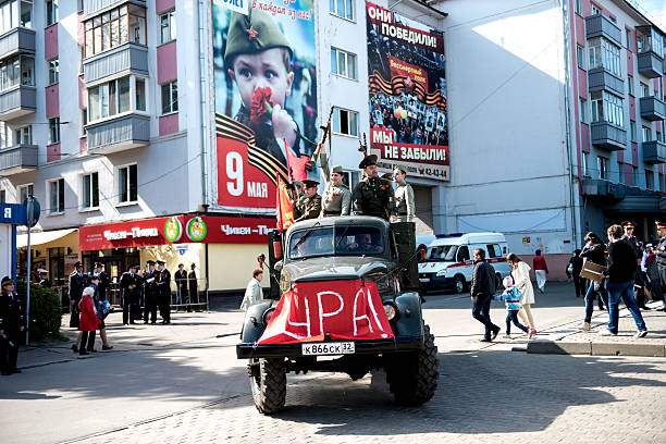 Bryansk, Russia - May 9, 2015: Soviet army truck at the parade in honor of the victory in World War II