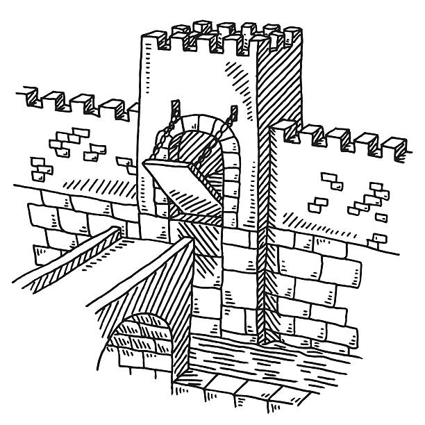 stockillustraties, clipart, cartoons en iconen met half closed drawbridge castle wall drawing - ophaalbrug
