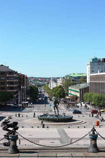 Götaplatsen, Kungsportsavenyen and Poseidon Statue Fountain in Gothenburg Sweden stock photo