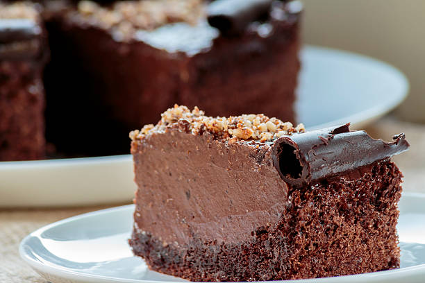 istock Creamy chocolate cake on white plate 483431116