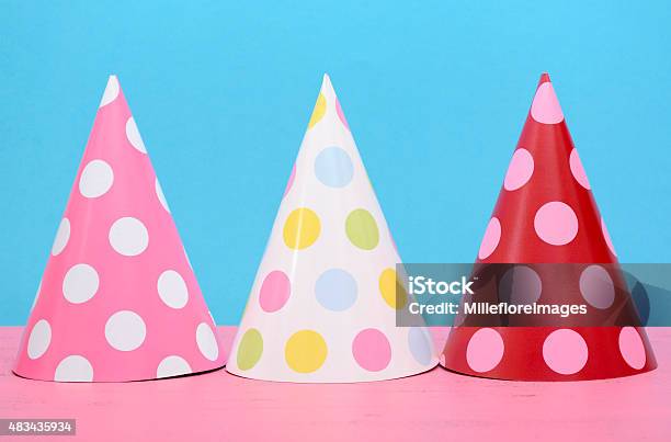 Bright Party Polka Dot Party Hats Stock Photo - Download Image Now - Party Hat, Pink Color, 2015