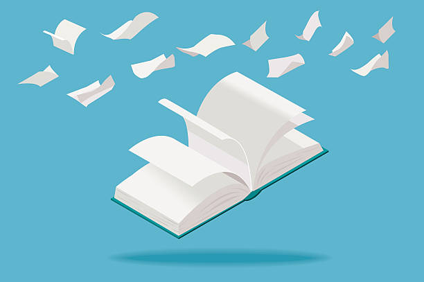 белая �книга и бумажные листы в полете - open book literature document stock illustrations