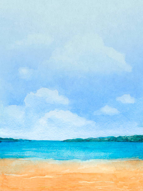 ilustraciones, imágenes clip art, dibujos animados e iconos de stock de watercolor ilustración de una playa tropical - sea cloud cloudscape sky