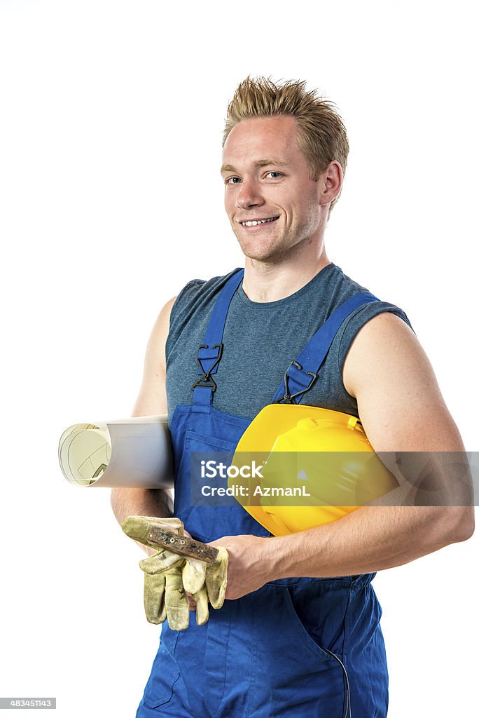 Construction worker with papers Happy construction worker, isolated on white. 20-29 Years Stock Photo