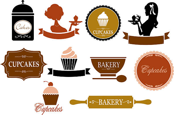 ilustrações de stock, clip art, desenhos animados e ícones de retro bolinho e padaria etiquetas - bakery women cake cupcake