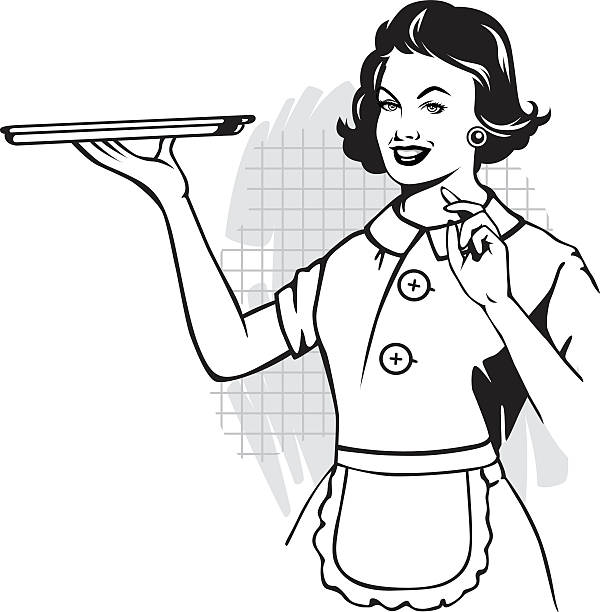 ilustrações de stock, clip art, desenhos animados e ícones de mulher com bandeja - waitress stereotypical homemaker black and white service