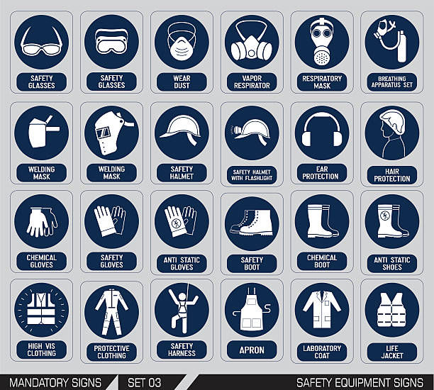 Set of safety equipment signs. Mandatory construction and industry signs. Colection of safety and health protection equipment. Protection on work. Vector illustration. safety equipment stock illustrations