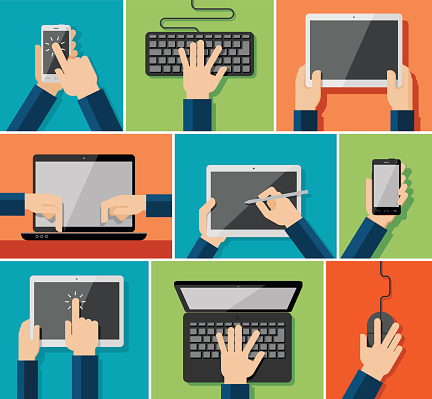 Vector set of flat hand icons holding various hi-tech computer and communication devices.