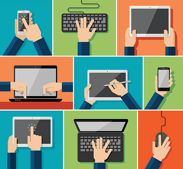 Hand icons Vector set of flat hand icons holding various hi-tech computer and communication devices. hand holding phone stock illustrations