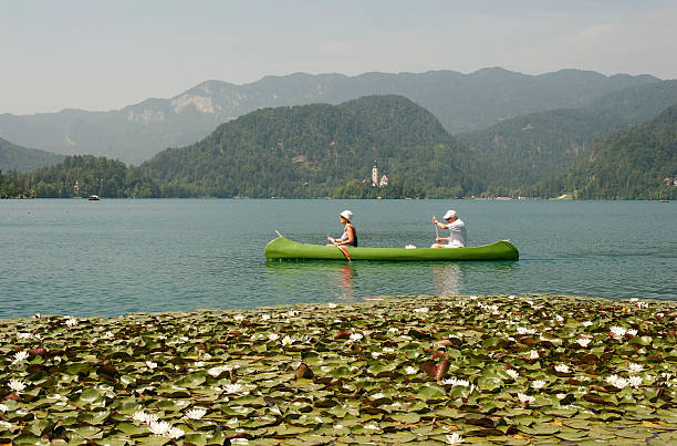 senior coppia in canoa sul lago di bled, slovenia, europa - canoeing canoe senior adult couple foto e immagini stock