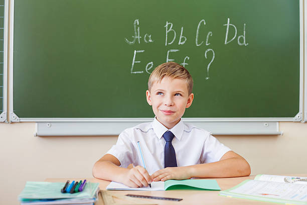 istock Schoolboy sits at a desk at school classroom 483465798