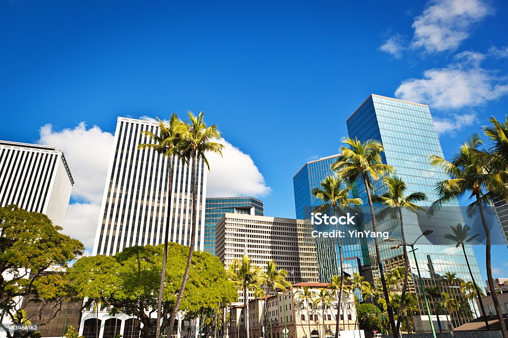 Downtown Financial and Business District of Honolulu Oahu, Hawaii, USA Honolulu, the capitol city of the state of Hawaii USA. The business commercial and financial district and downtown skyline with high-rises and historic buildings lined with palm trees along the seafront of the city. Photographed on location in horizontal format with copy space available on upper portion of the photo. Honolulu Stock Photo