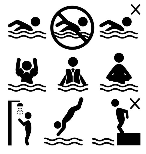 세트마다 여름 수영하다 저수시설 안내데스크 평편 직원관리 그림 문자 아이콘 - personal flotation device stock illustrations