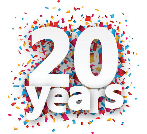 zwanzig jahre papier konfetti-schild - 20 24 jahre stock-grafiken, -clipart, -cartoons und -symbole