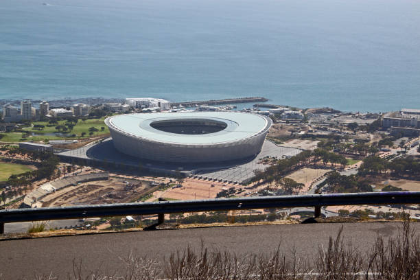 Cape Town, South Africa - October 15, 2019: Elevated view of Green Point coastal suburb and Sports Stadium in Cape Town