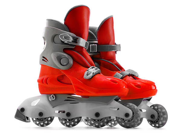istock Pair of red inline skates isolated on white background 483479306