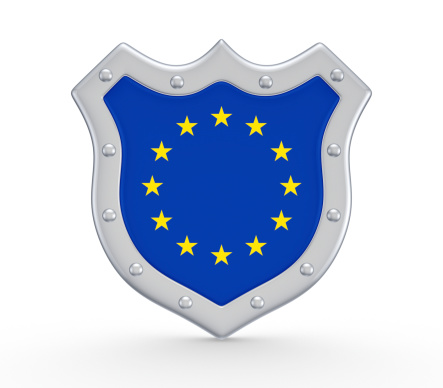 Shield with flag of EU.Isolated on white background.3d rendered.