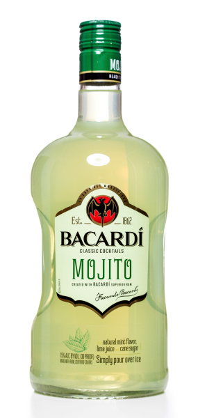 Miami, USA - March 23, 2014: Bacardi Classic Cocktails Mojito bottle. Bacardi brand is owned by Bacardi & Company Limited.