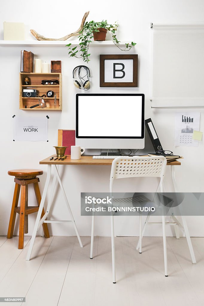 Modern creative workspace. The office of a creative entrepreneur. Desk Stock Photo
